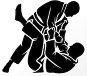 Black silhouette of two martial artists grappling, one person in a defensive ground guard position.