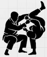 Black silhouette of two martial artists in gi uniforms performing a dynamic judo throw.