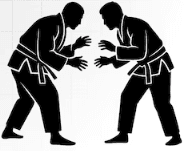 Black silhouette of two martial artists in gis facing each other in a ready stance.