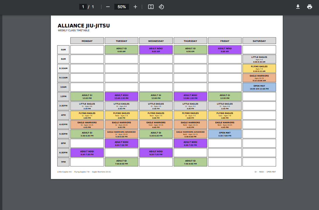 Weekly Alliance Jiu-Jitsu timetable showing color-coded martial arts classes for adults and children.